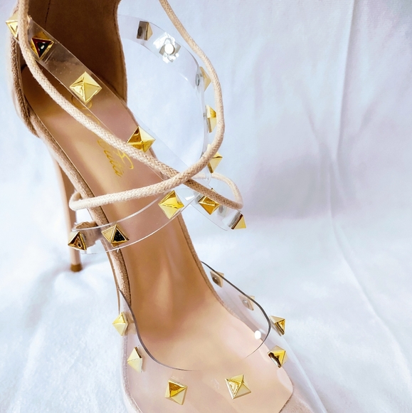 Beige Lucite Lace Up Heels - Picture 4 of 5